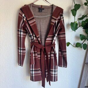 Tahari Plaid Hooded Wrap Cardigan Coat Burgundy Cream Size S